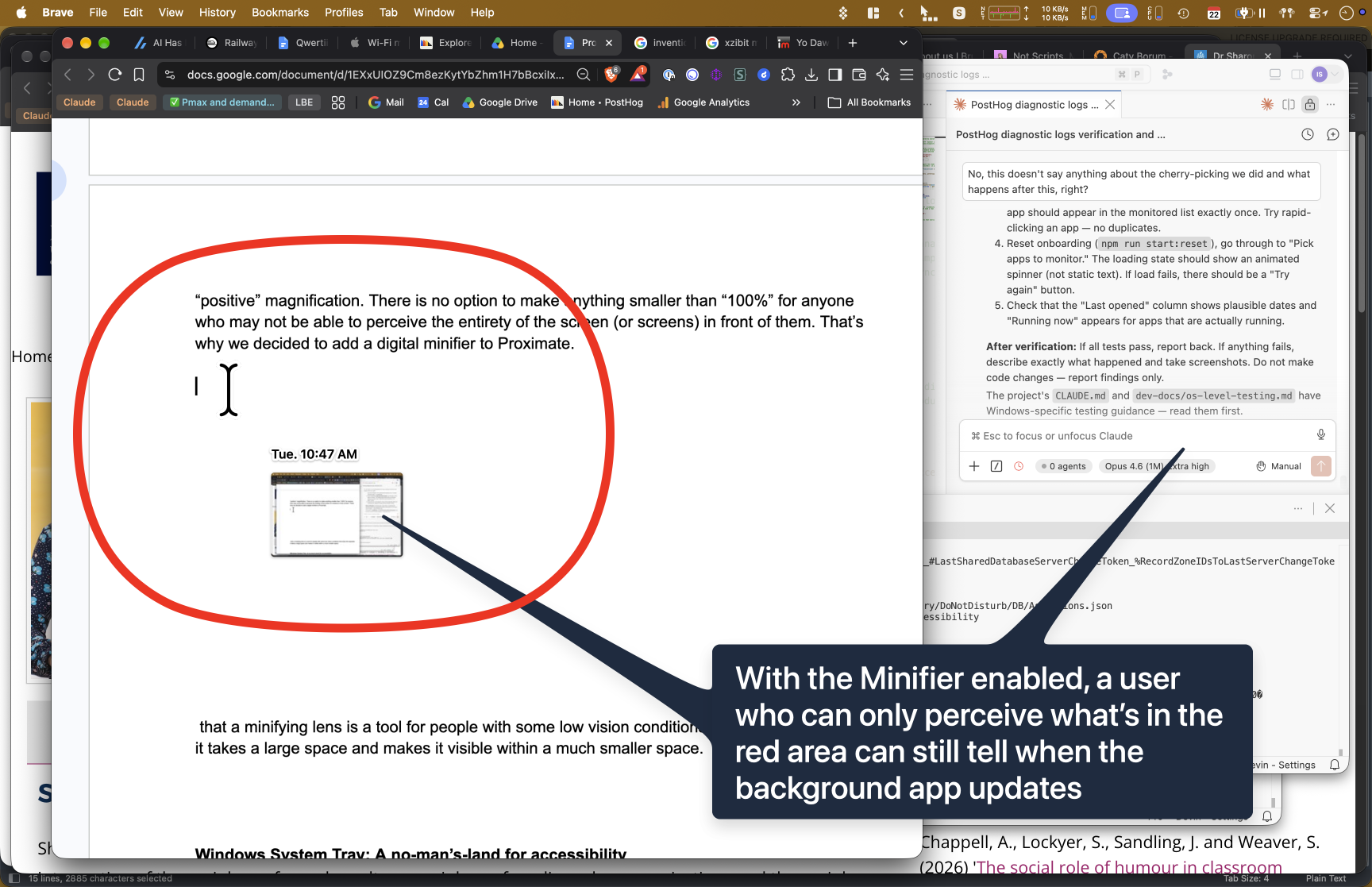 Screenshot of a laptop screen. Google Docs fills most of the screen, with Devin running on the right. A large oval marks the small area around the text cursor. Inside the oval, next to the cursor, Proximate shows the time and the Minifier: a live miniature of the whole screen, where Devin is visible. A callout reads: 