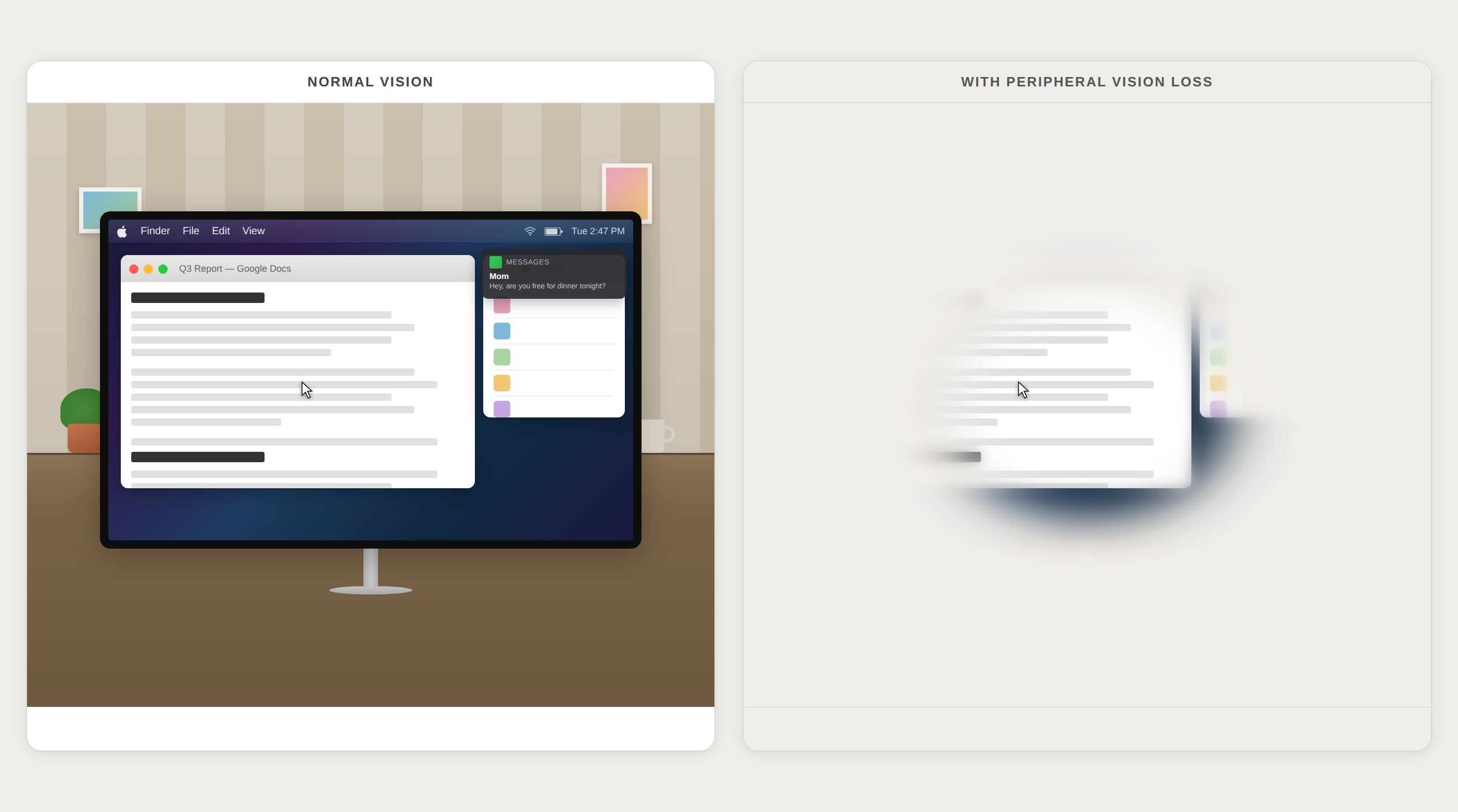 An image comparing normal visual perception vs. visual perception with peripheral vision loss.